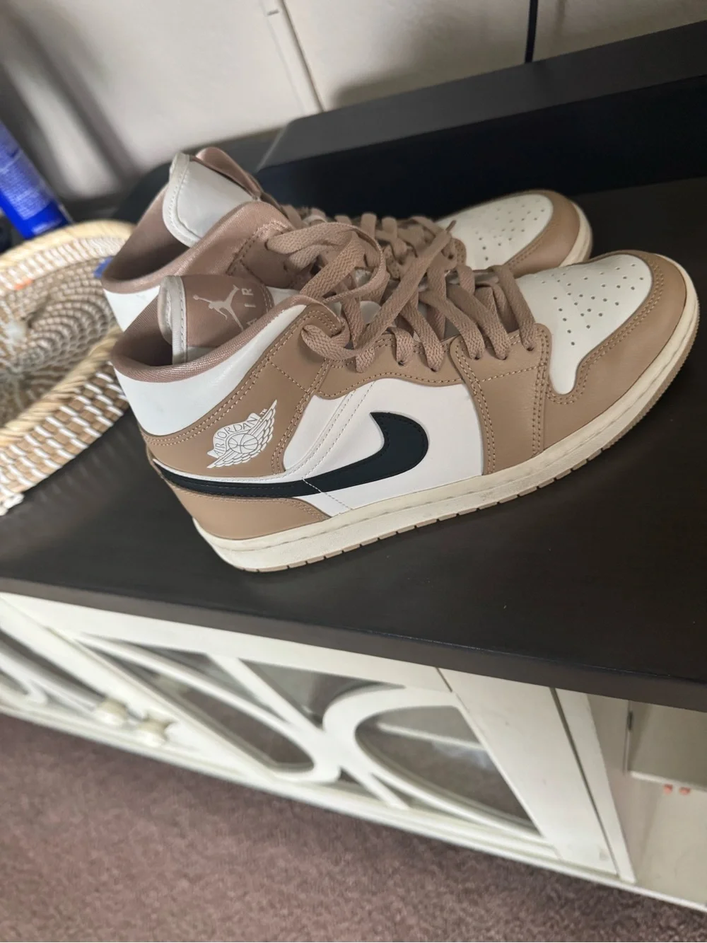 Jordan Mid Sneakers in White, Tan & Black